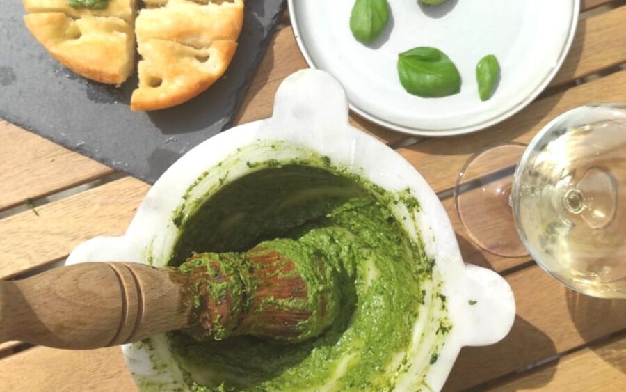 Manarola: Authentic Pesto Making Class at Cinque Terre - Grinding pesto with a marble mortar